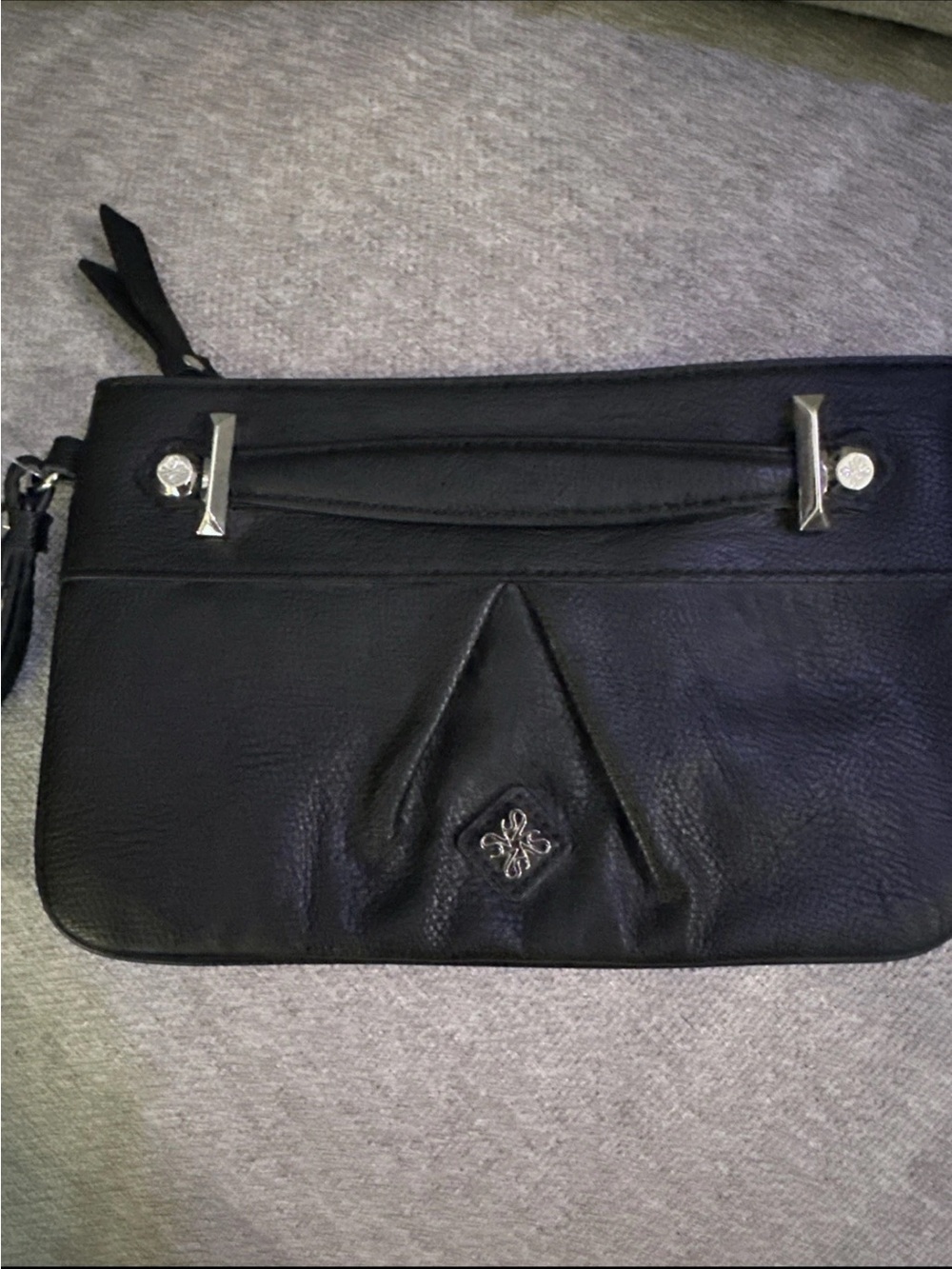 Black Leather Wristlet Clutch with Silver Hardware